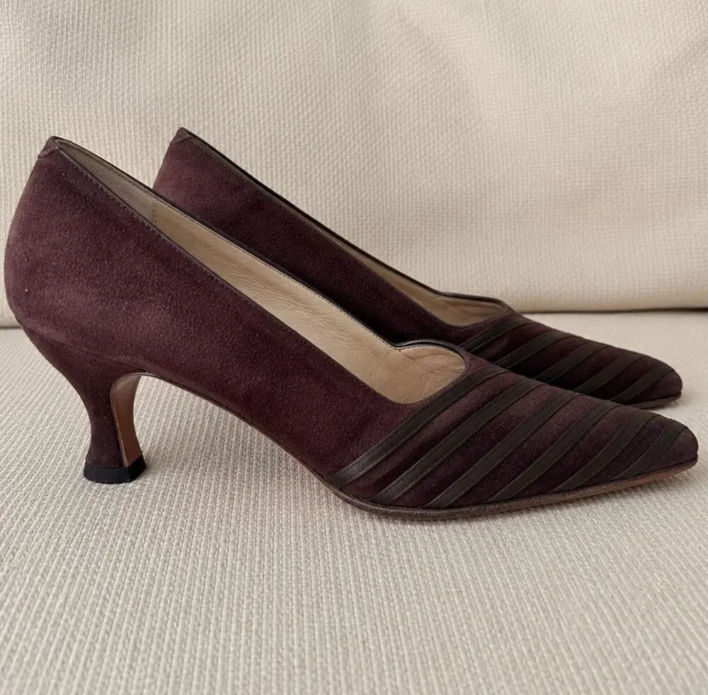 Vintage Bally Pumps 7.5 M Brown Suede Striped Low Heels Made In Italy